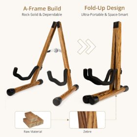 MUSO Zebra Wood Guitar Stand – Premium Hardwood Floor Stand for Acoustic, Electric, Bass, Ukulele, and Violin – Foldable, Padded, and Stable Instrument Holder