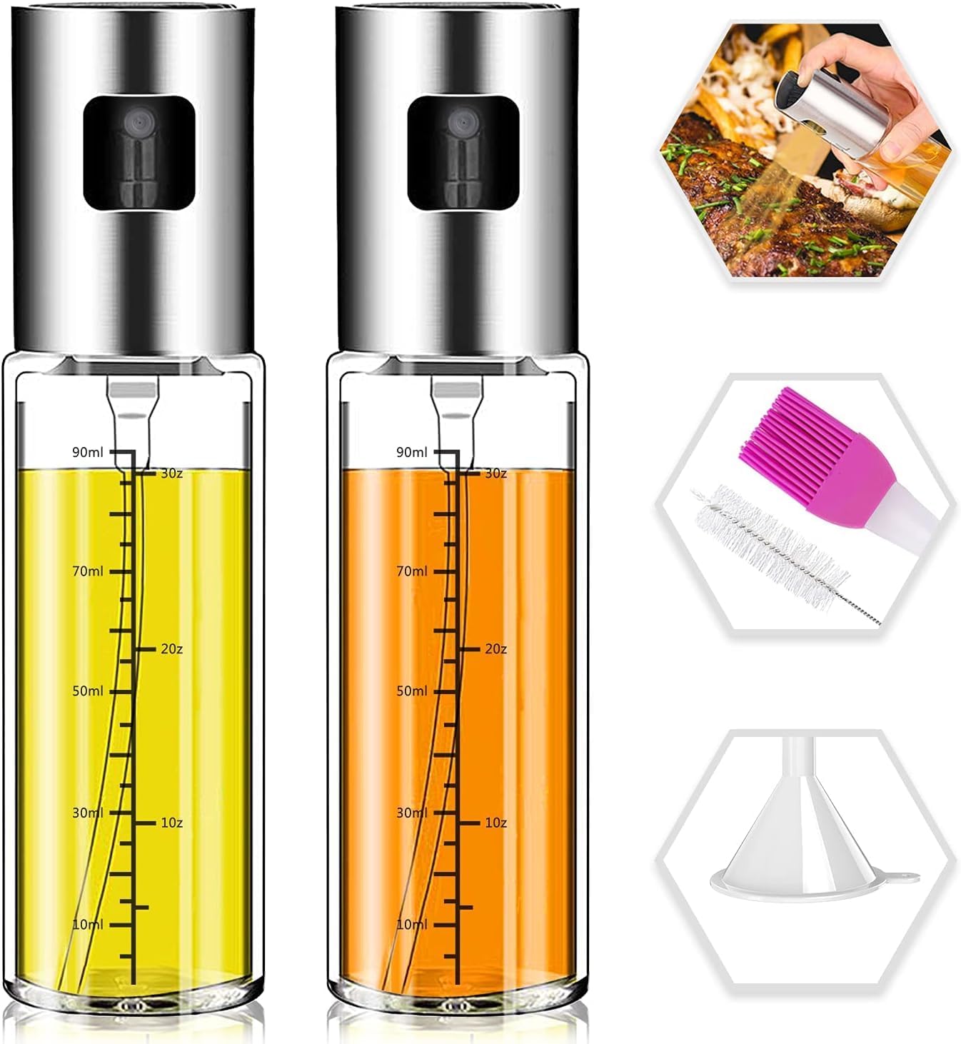 Upgraded 100ml Olive Oil Sprayer Bottle Set - 2 Pack Stainless Steel Mister for Air Fryer, Salad, BBQ & Kitchen - Refillable & Leakproof