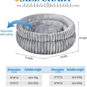 Grey Fluffy Cat Donut Bed - Ultra-Soft Plush Calming Round Pet Bed for Small Dogs & Cats - Machine Washable & Anxiety Relief - 16x16 Inch