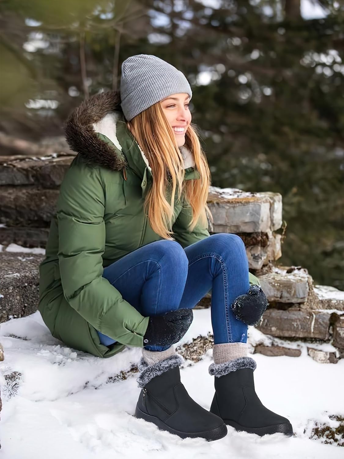 SHIBEVER Women's Waterproof Winter Snow Boots - Warm Faux Fur Lined Insulated Ankle Booties for Cold Weather