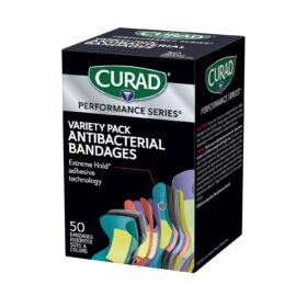 CURAD Performance Series Antibacterial Bandages – Extreme Hold Adhesive, Flexible Fabric Finger & Knuckle Protection, All-Weather 50 Count Variety Pack