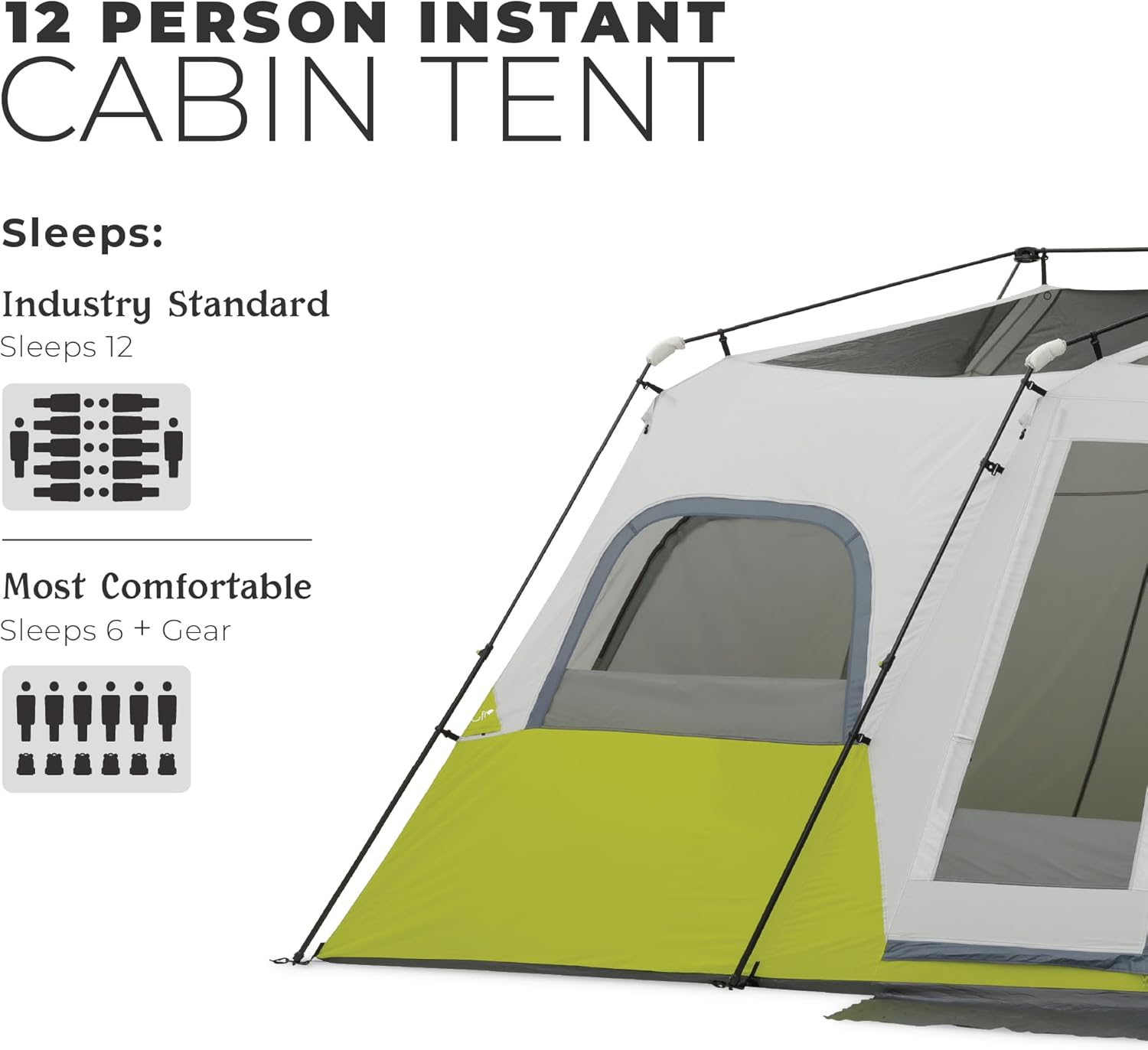 CORE 12-Person Instant Cabin Tent | 3-Room Family Camping Shelter with Pre-Attached Poles & Weather Protection