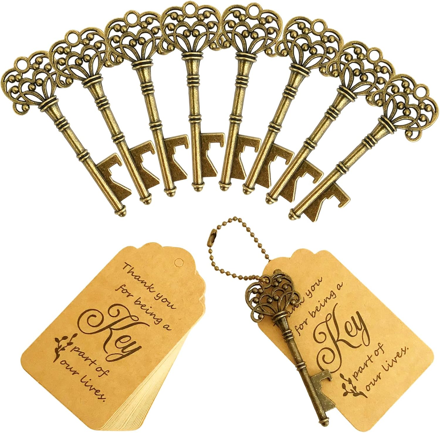 WODEGIFT 100-Pack Vintage Skeleton Key Bottle Openers with Thank You Tags & Keychains – Rustic Bronze Wedding Favors, Housewarming Gifts, and Party Souvenirs