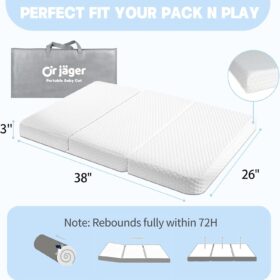Graco Pack 'n Play Mattress 38x26 Inch – Dual-Sided Trifold Memory Foam Portable Crib Mattress with Waterproof Cover, Travel Bag & CertiPUR-US Certification