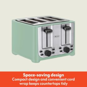 BELLA 4 Slice Toaster with Extra Wide Slots, Auto Shut Off & 7 Shade Settings - Includes Removable Crumb Tray, Cancel, Defrost & Reheat Functions - Sage Green