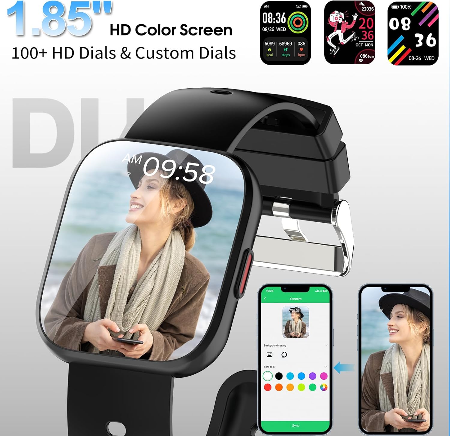 aycy Smart Watch with Bluetooth Calling - 1.85" HD Fitness Tracker, Heart Rate & Sleep Monitor, 120+ Sports Modes, IP68 Waterproof for Android iOS