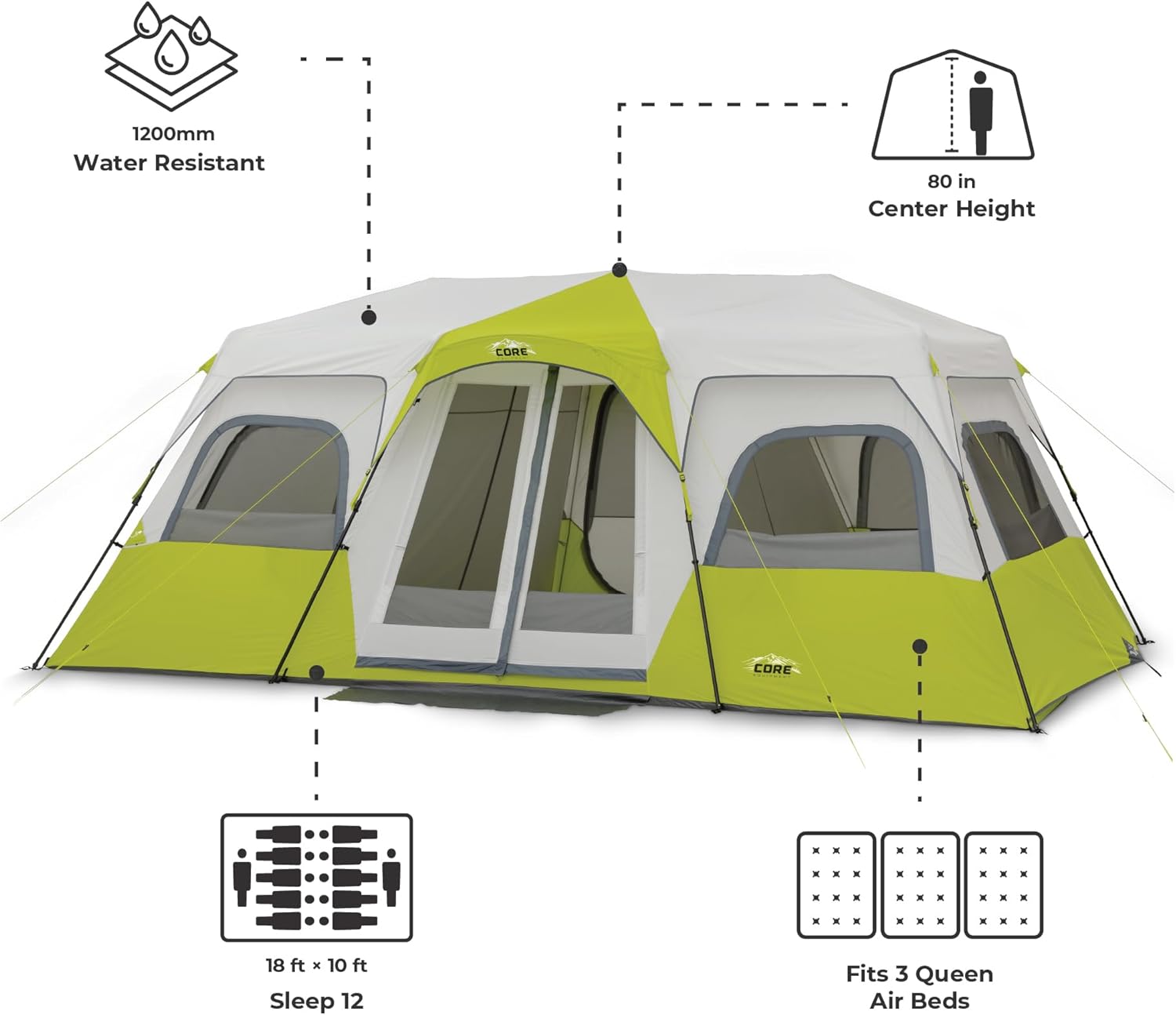 CORE 12-Person Instant Cabin Tent | 3-Room Family Camping Shelter with Pre-Attached Poles & Weather Protection