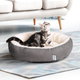 Love's Cabin Calming Donut Cat & Dog Bed - 20 Inch Round Plush Cuddler, Anti-Slip & Water-Resistant Bottom, Machine Washable Small Pet Bed for Puppies & Kittens (Premium Gray)