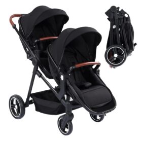 Tandem Double Stroller for Newborn and Toddler – Reversible Seat Foldable Twin Stroller with Extra-Large Storage, 5-Point Harness, and Adjustable Canopy