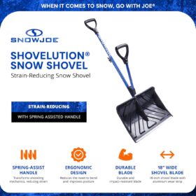 Snow Joe Shovelution 18-Inch Heavy-Duty Snow Shovel with Spring-Assist Handle, Ergonomic Back-Saving Design for Effortless Snow & Ice Removal, SJ-SHLV01