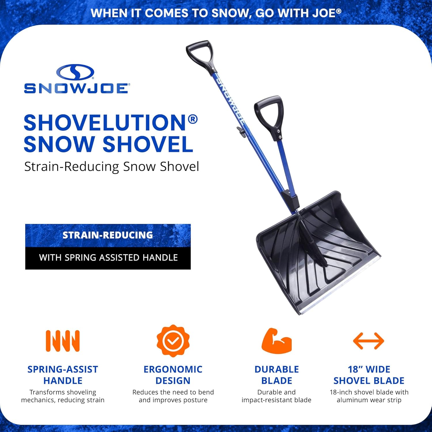 Snow Joe Shovelution 18-Inch Heavy-Duty Snow Shovel with Spring-Assist Handle, Ergonomic Back-Saving Design for Effortless Snow & Ice Removal, SJ-SHLV01