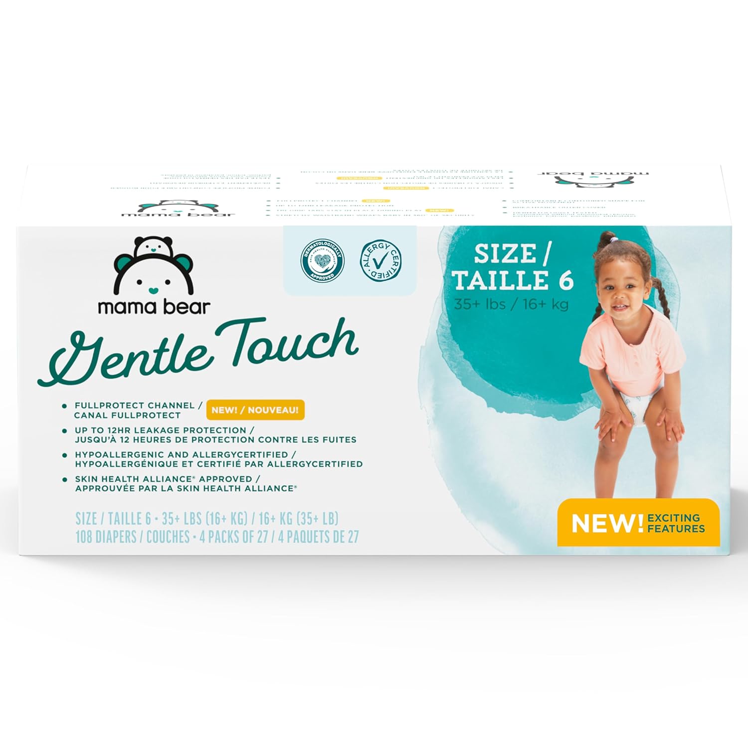 Mama Bear Gentle Touch Diapers (Size 6, 108 Count) - Hypoallergenic & Dermatologist Tested, 12-Hour Leak Protection