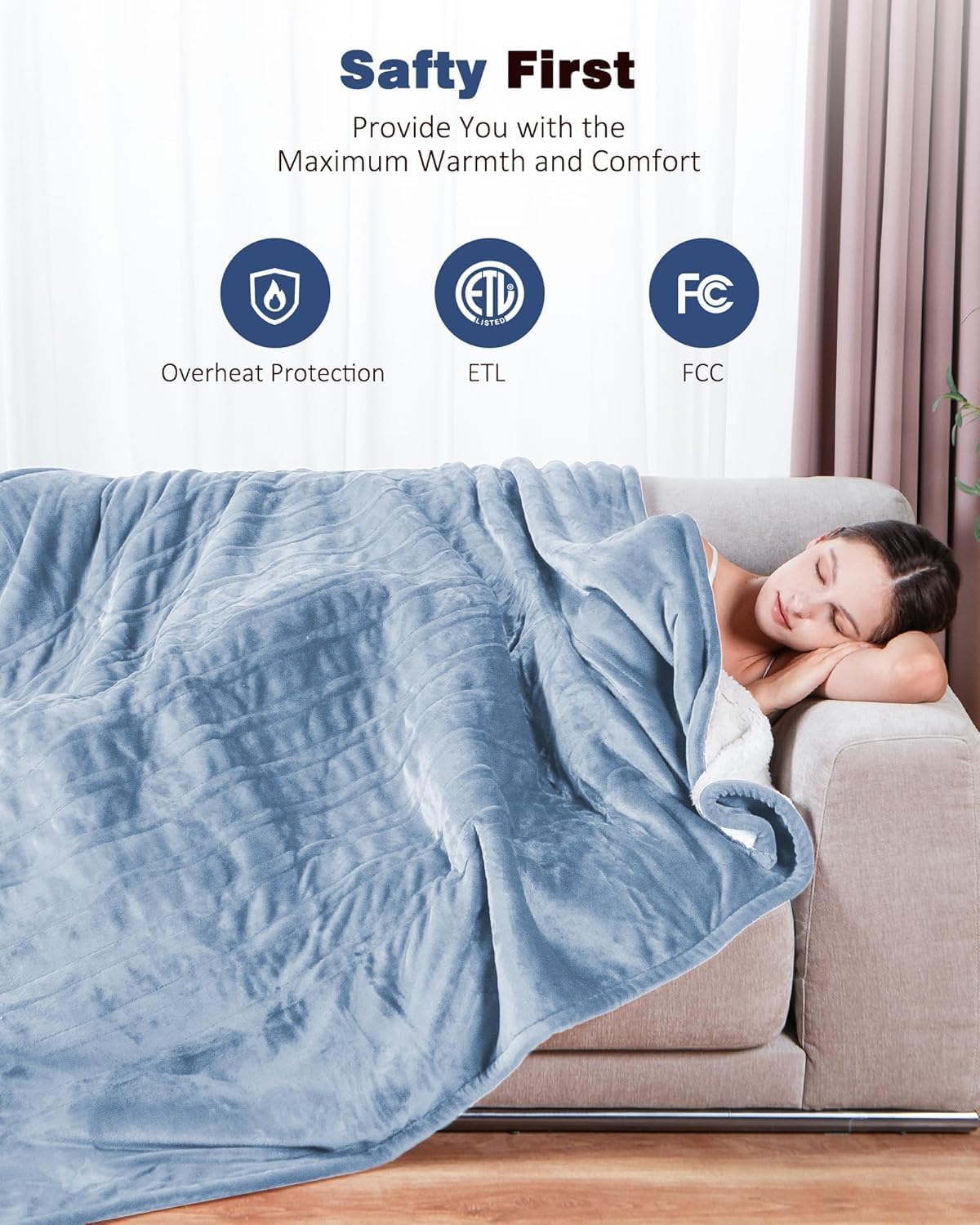 Wearable Heated Blanket Throw with 2 Buttons | Fast-Heating Electric Shawl for Office & Home | 9 Heat Levels & 1-10H Auto Shut-Off | Ultra-Soft Flannel Sherpa, 50x60, Baby Blue