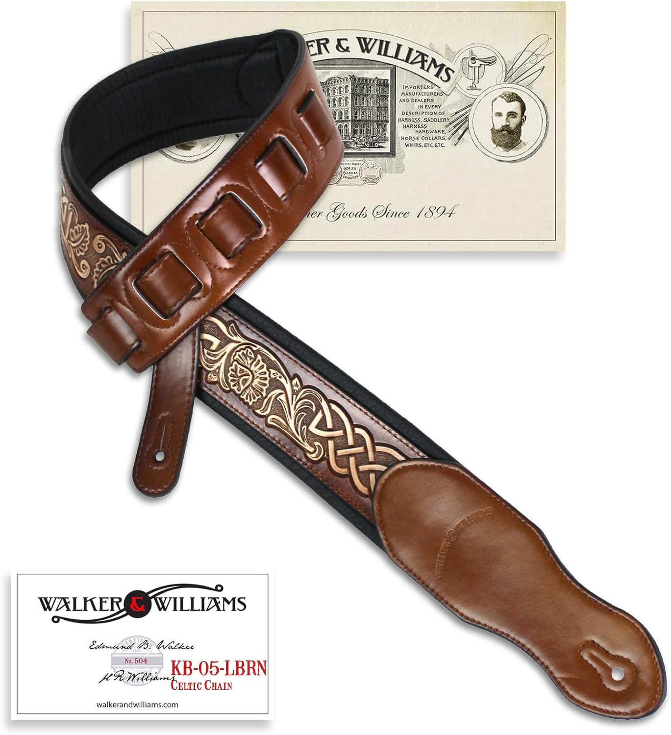 Walker & Williams KB-05-TAN Padded Leather Guitar Strap with Celtic Chain Tooling - Premium Full Grain for Acoustic, Electric & Bass