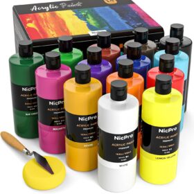 Nicpro 14-Color Large Bulk Acrylic Paint Set (500ml Bottles) – Professional Non-Toxic Multi-Surface Paints with Bonus Mixing Tools