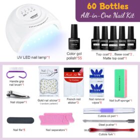 JODSONE All-in-One Gel Nail Polish Kit with UV LED Light – 60 Piece Soak-Off Manicure Set Featuring 55 Shine Colors, Base & Top Coat, and Smart Nail Lamp for Salon-Quality Nails at Home