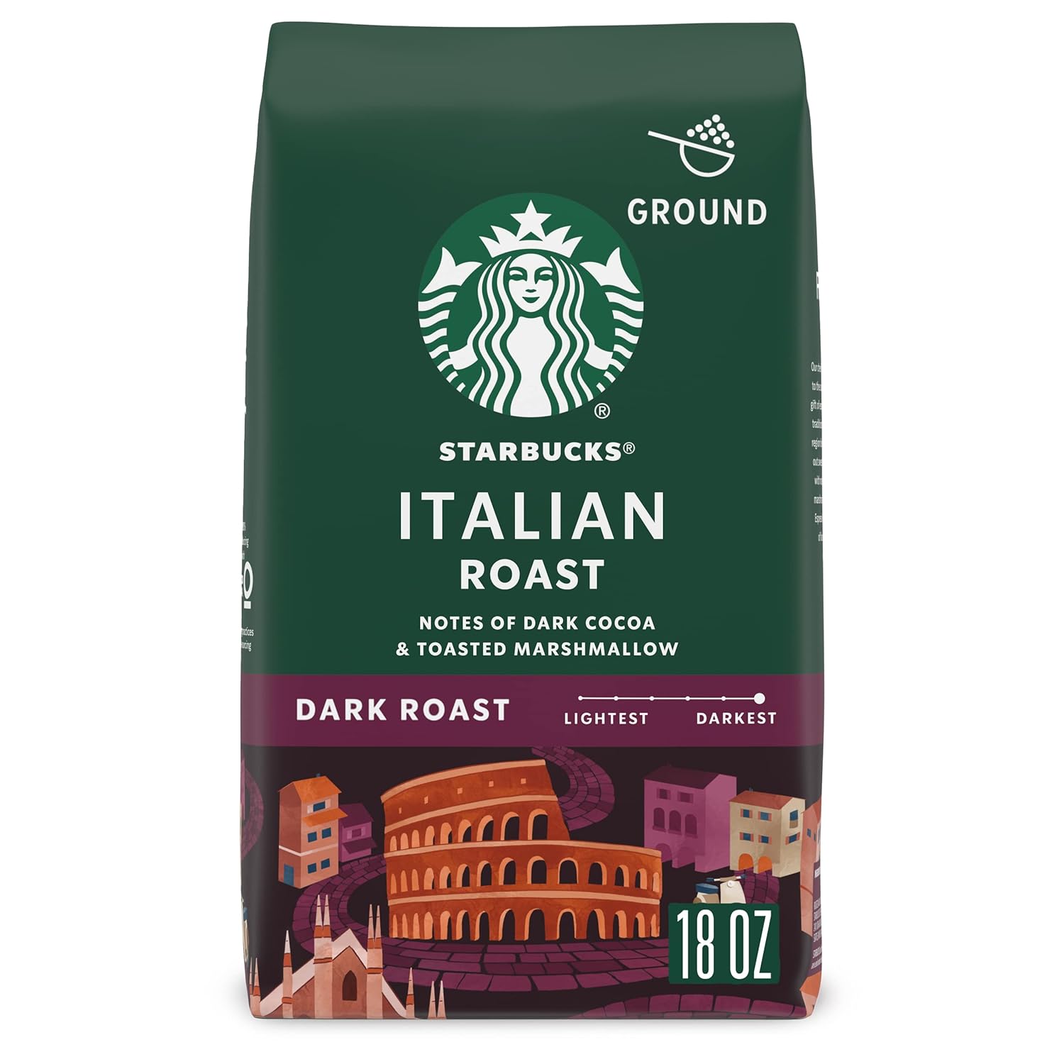 Starbucks Italian Roast Ground Coffee — 18 oz Bag of Dark Roast, 100% Arabica Beans with Notes of Dark Cocoa