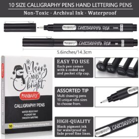 PANDAFLY 10-Piece Calligraphy Pen Set - Premium Black Ink Brush & Fine Tip Markers for Hand Lettering, Art Drawing, & Scrapbooking