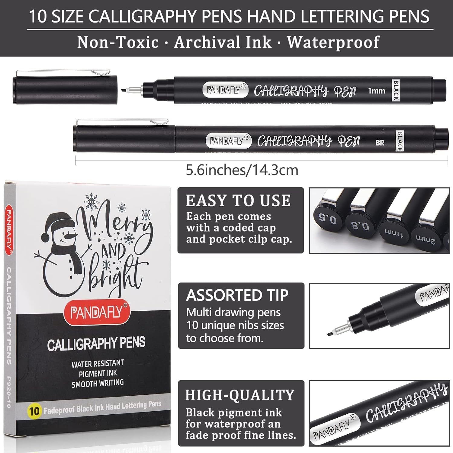 PANDAFLY 10-Piece Calligraphy Pen Set - Premium Black Ink Brush & Fine Tip Markers for Hand Lettering, Art Drawing, & Scrapbooking