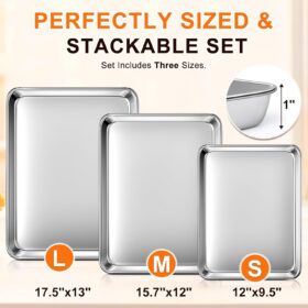 Commercial Grade Stainless Steel Baking Sheet Set – 3-Piece Warp-Resistant Cookie Pans for Toaster Ovens & Kitchens (12, 16, and 17.5 Inch)