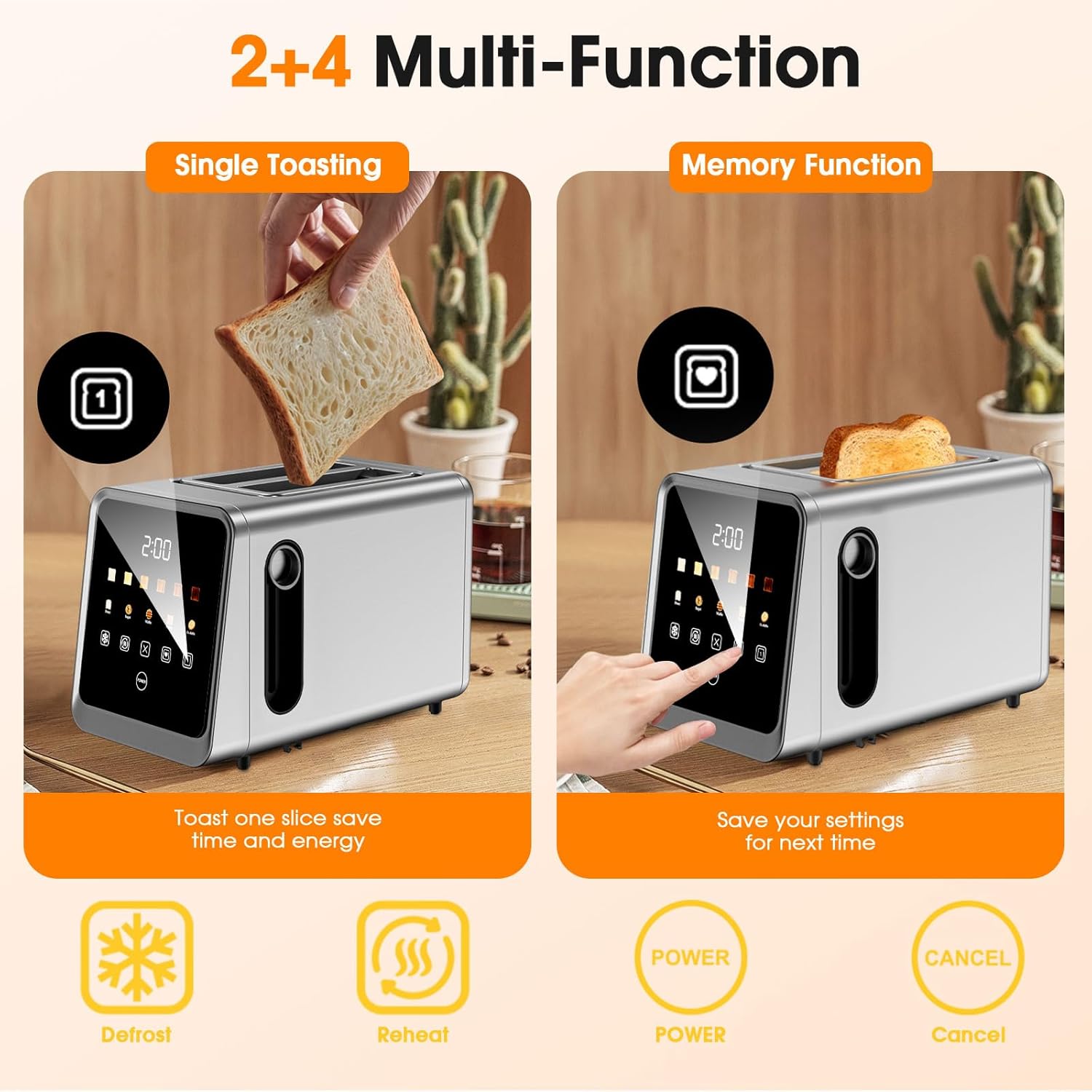 Smart Digital Touchscreen Toaster – 2-Slice Stainless Steel with 1.5” Wide Slots, 900W, and Memory Recall