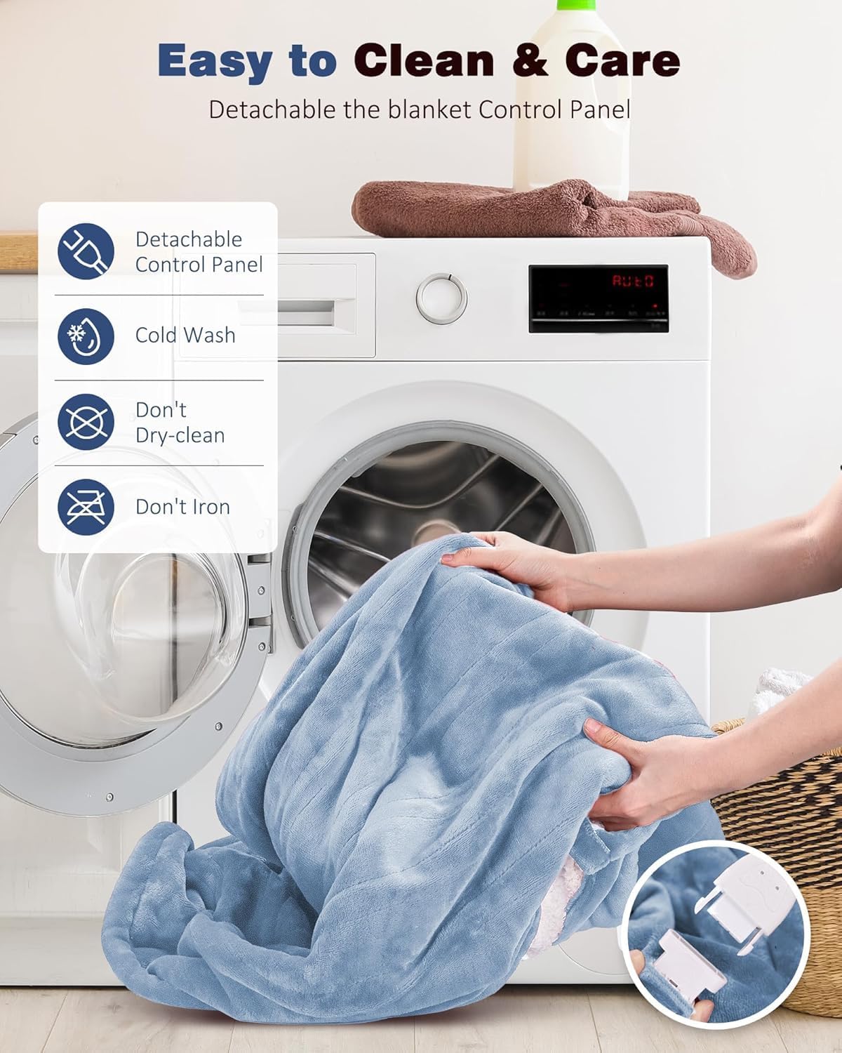 Wearable Heated Blanket Throw with 2 Buttons | Fast-Heating Electric Shawl for Office & Home | 9 Heat Levels & 1-10H Auto Shut-Off | Ultra-Soft Flannel Sherpa, 50x60, Baby Blue