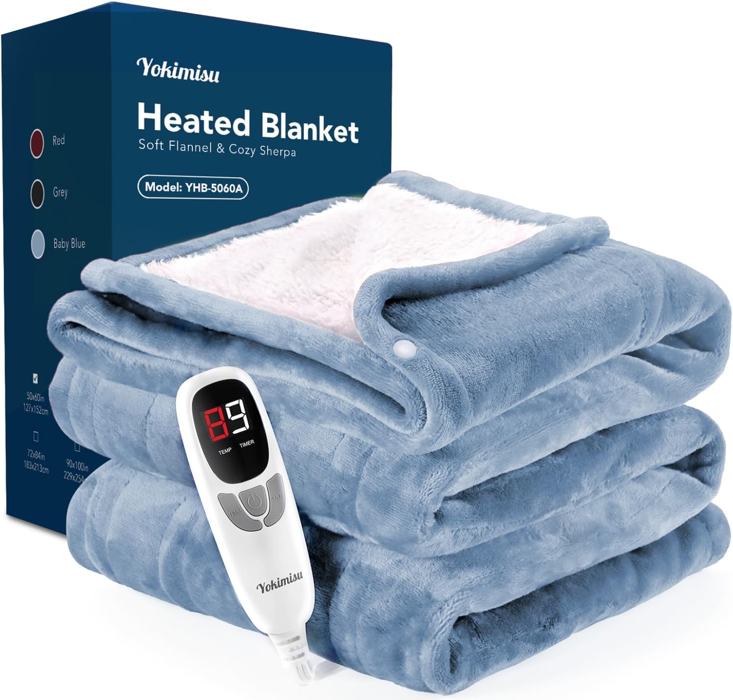 Wearable Heated Blanket Throw with 2 Buttons | Fast-Heating Electric Shawl for Office & Home | 9 Heat Levels & 1-10H Auto Shut-Off | Ultra-Soft Flannel Sherpa, 50x60, Baby Blue
