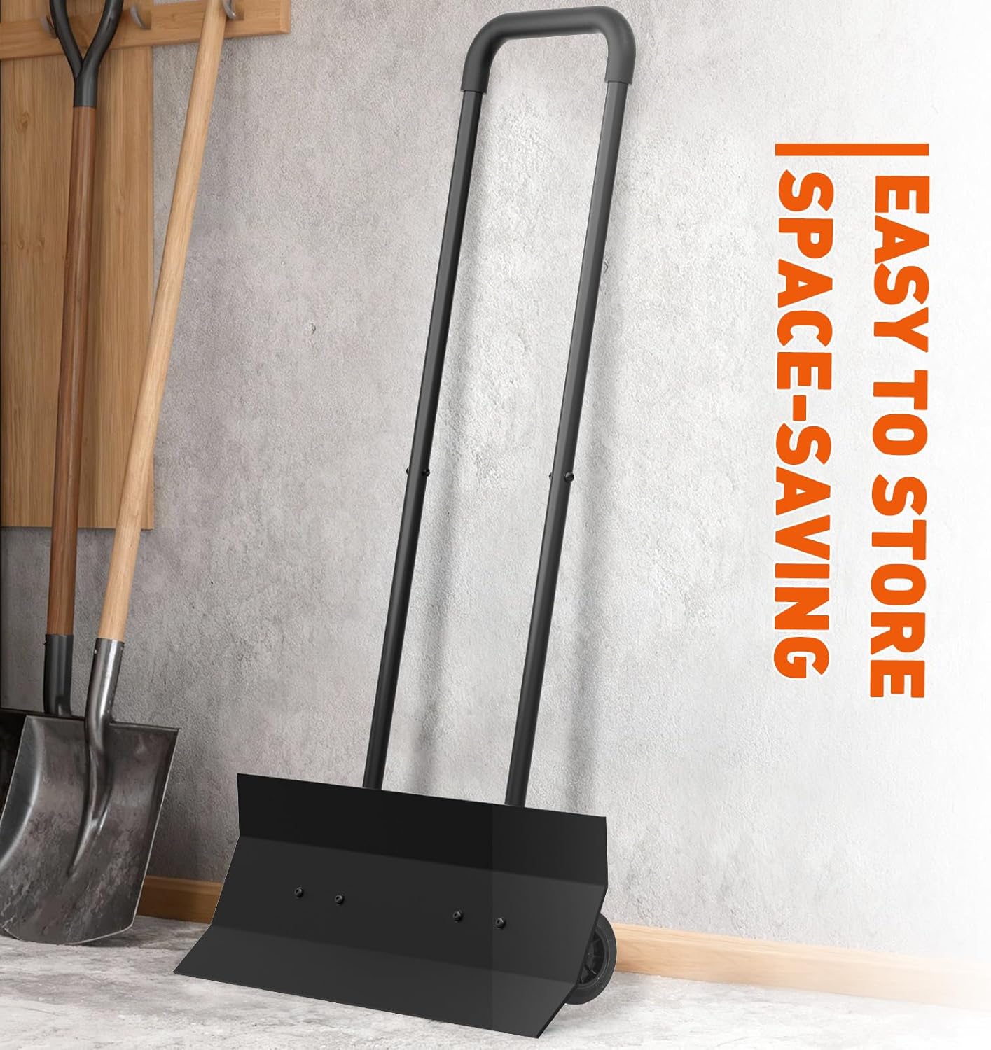 Heavy Duty Wheeled Snow Shovel with Rotatable Grip | Effortless Snow Pusher for Driveway & Sidewalk | Durable Steel Blade for All Snow Types