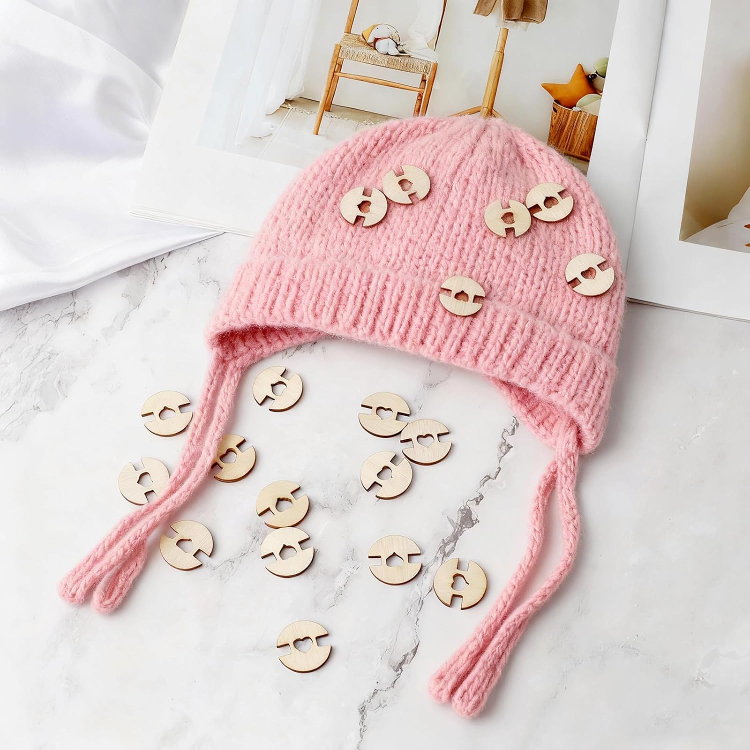 60 Pcs Wooden Pom Pom Buttons for Hats – 0.8" Removable Faux Fur Pom Pom Fasteners for Beanies & DIY Crafts