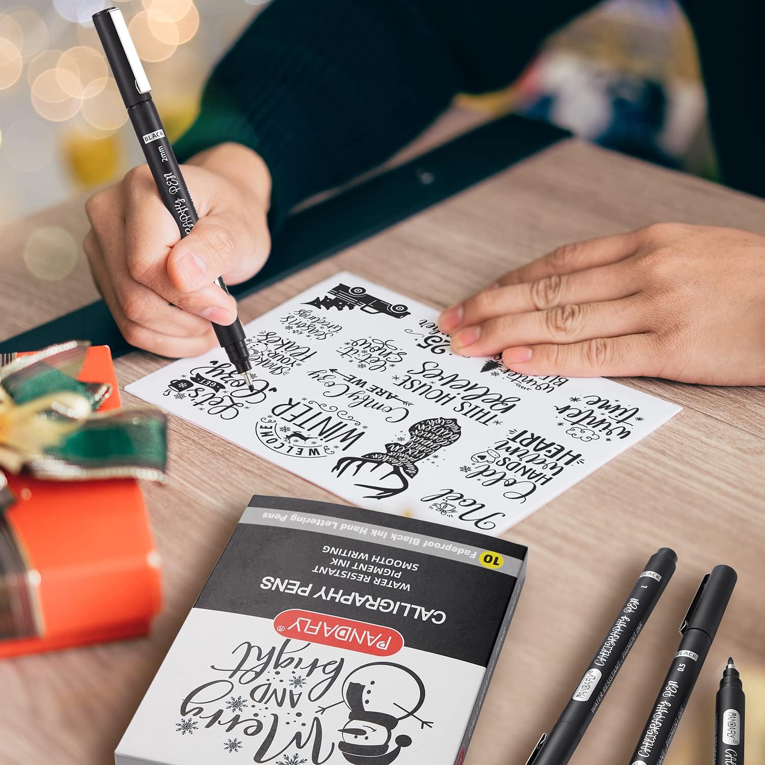 PANDAFLY 10-Piece Calligraphy Pen Set - Premium Black Ink Brush & Fine Tip Markers for Hand Lettering, Art Drawing, & Scrapbooking