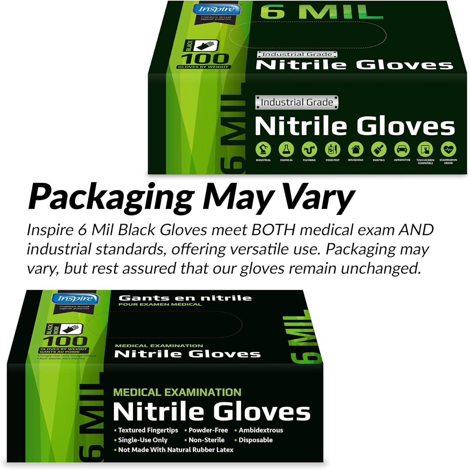 Inspire Heavy Duty 6 Mil Black Nitrile Gloves – Industrial Grade, Chemical Resistant, Powder-Free Disposable Safety Gloves for Automotive, Medical, Cleaning & Food Service