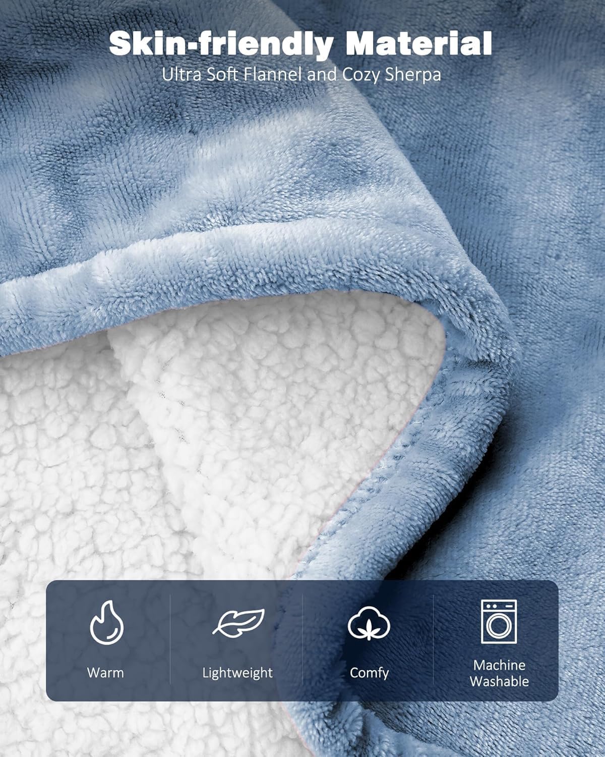 Wearable Heated Blanket Throw with 2 Buttons | Fast-Heating Electric Shawl for Office & Home | 9 Heat Levels & 1-10H Auto Shut-Off | Ultra-Soft Flannel Sherpa, 50x60, Baby Blue