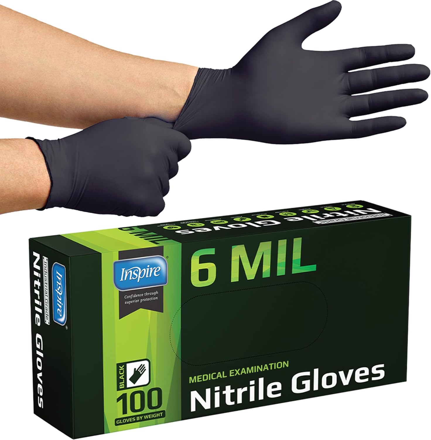Inspire Heavy Duty 6 Mil Black Nitrile Gloves – Industrial Grade, Chemical Resistant, Powder-Free Disposable Safety Gloves for Automotive, Medical, Cleaning & Food Service