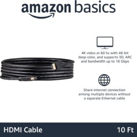 Amazon Basics High-Speed HDMI Cable — 10ft, 3-Pack, Supports 4K@60Hz, 18Gbps, HDMI 2.0 (Black)