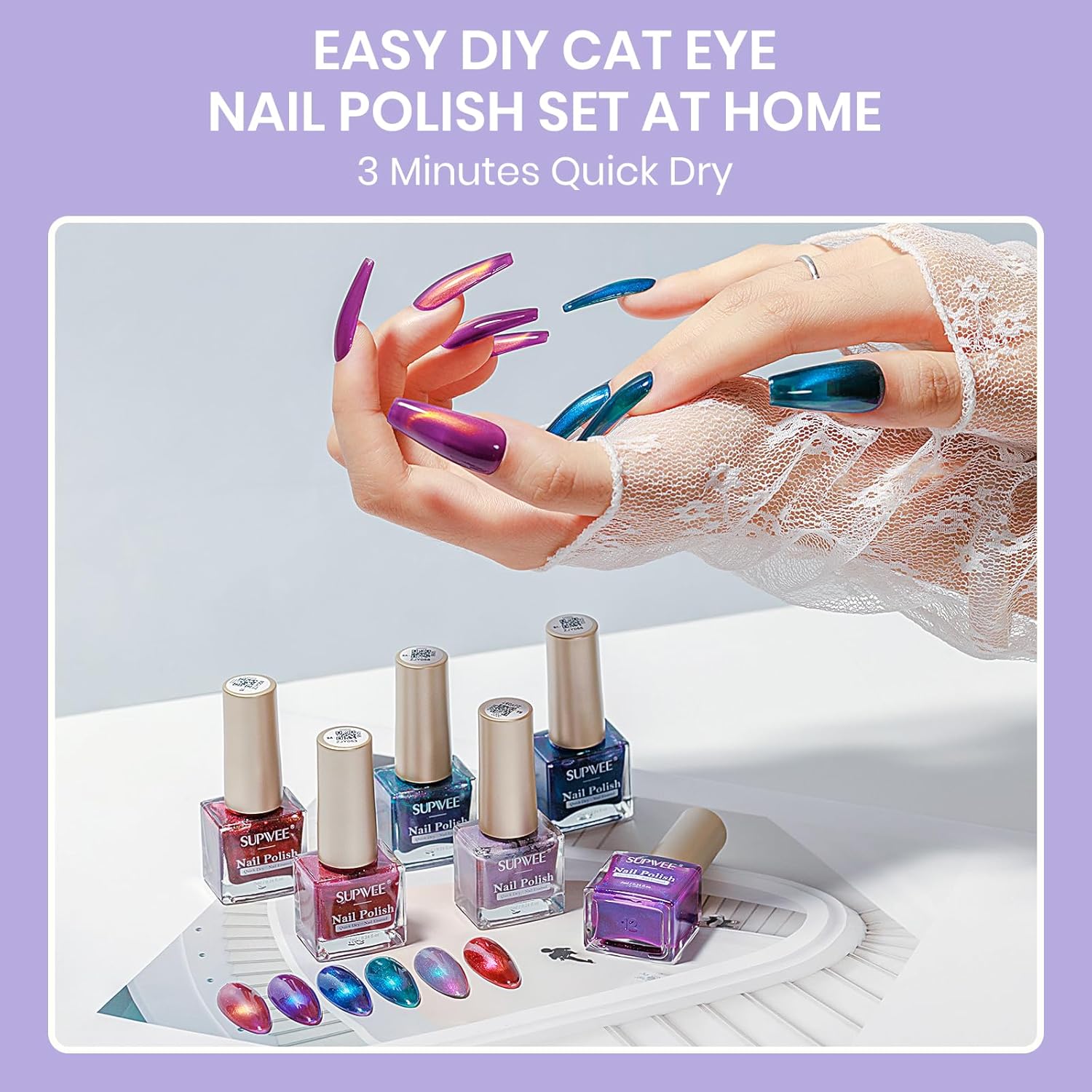 6-Piece Magnetic Cat Eye Nail Polish Set – Quick Dry, Non-Gel Holographic Nail Art Kit with Magnet Stick for DIY Salon Manicure