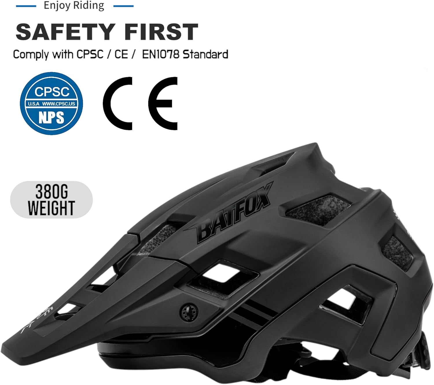 BATFOX Adult Mountain Bike Helmet - Lightweight, CPSC Certified Cycling Helmet with Sun Visor, Adjustable Dial Fit for Men, Women & Youth