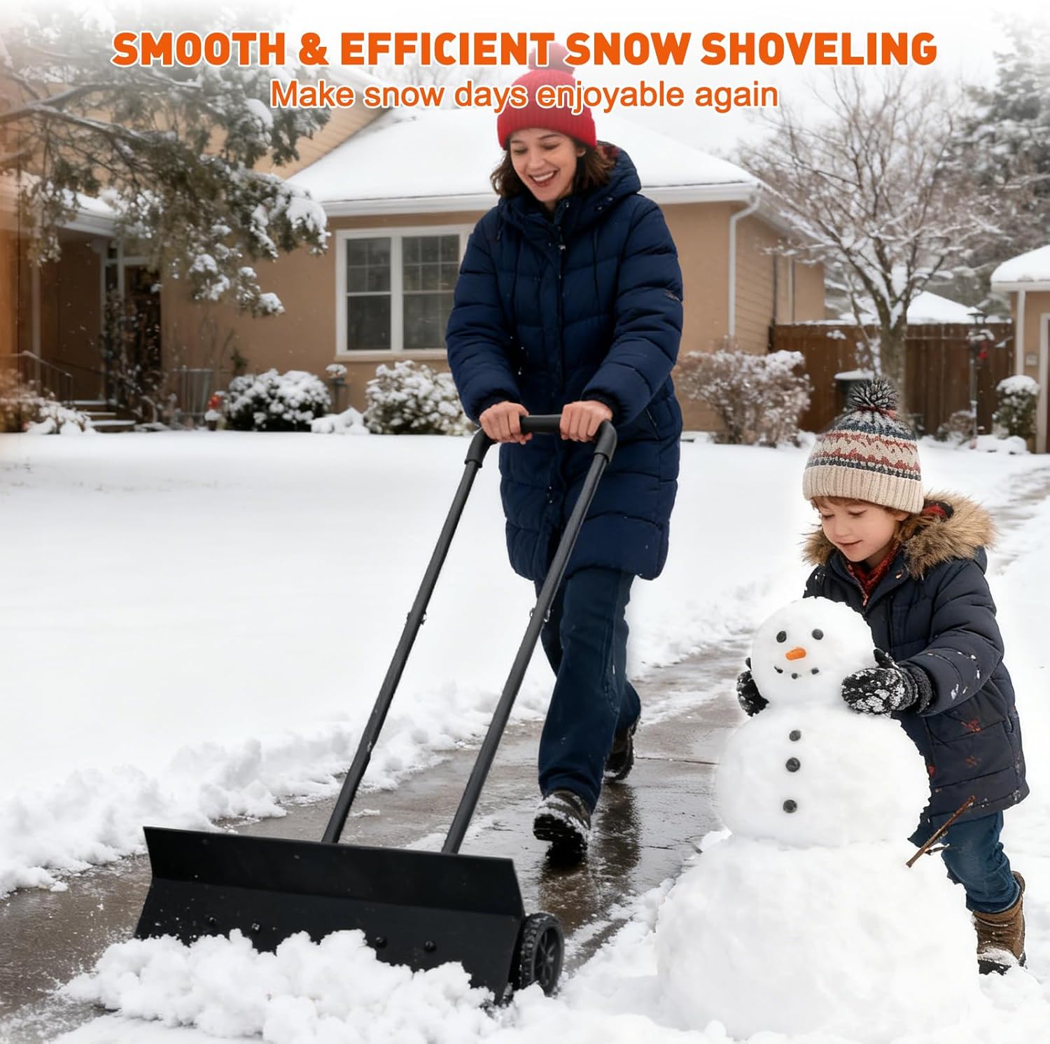 Heavy Duty Wheeled Snow Shovel with Rotatable Grip | Effortless Snow Pusher for Driveway & Sidewalk | Durable Steel Blade for All Snow Types