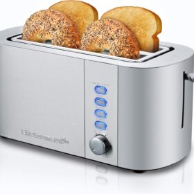 Elite Gourmet ECT4123X Long Slot 4 Slice Toaster – Extra Wide 1.5 Inch Slots, 6 Shade Settings, Stainless Steel