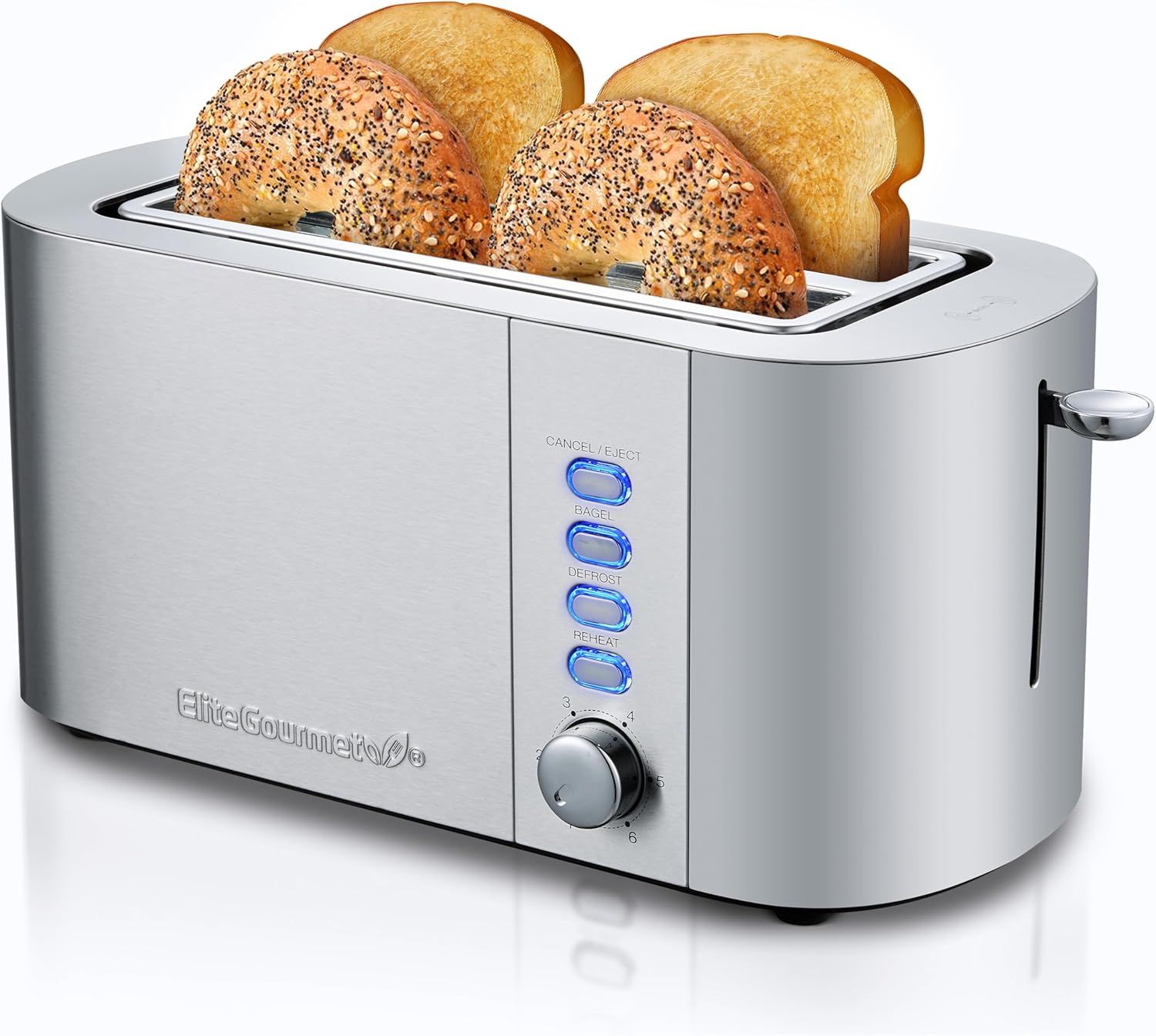 Elite Gourmet ECT4123X Long Slot 4 Slice Toaster – Extra Wide 1.5 Inch Slots, 6 Shade Settings, Stainless Steel