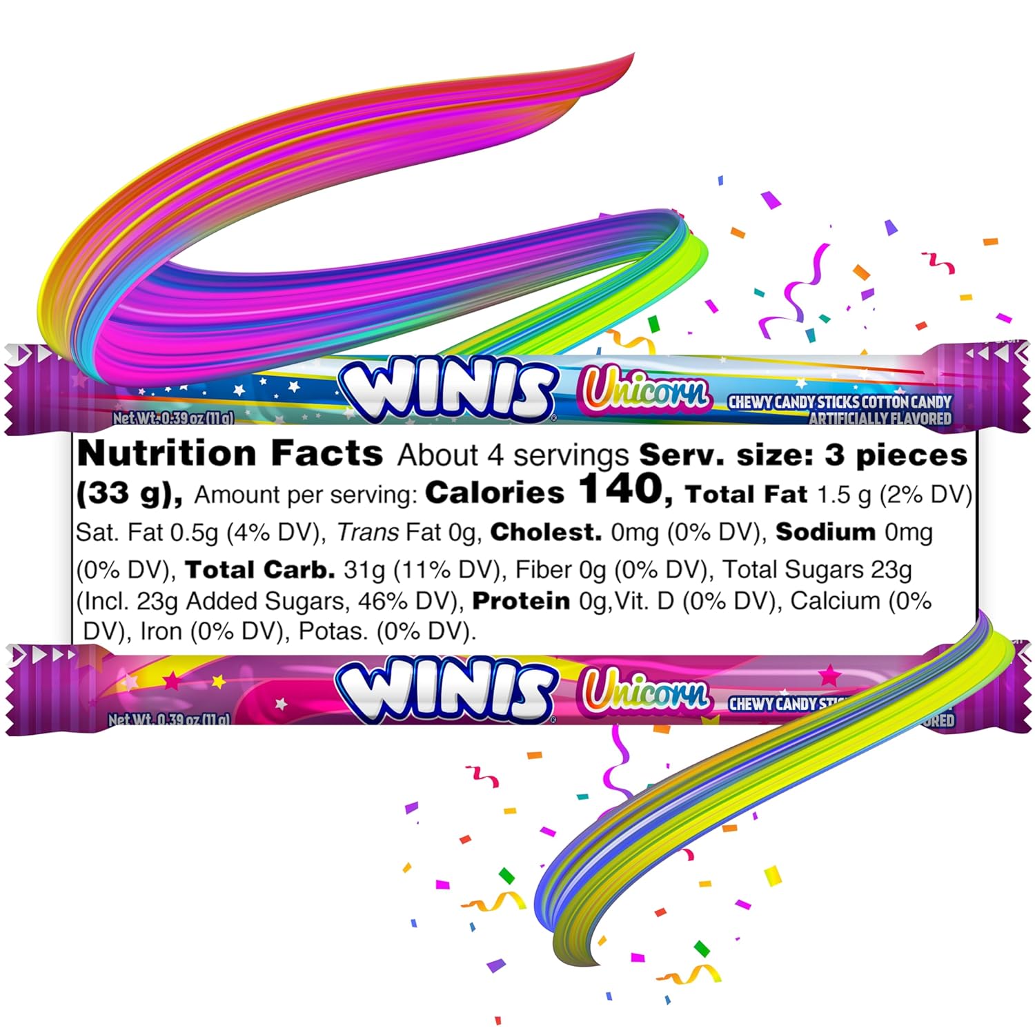 Winis Unicorn Chewy Candy Swirls - Cotton Candy Flavor Taffy - 4.3 Oz Bag (11 Count) - Soft Mexican Treats for Party Favors, Piñatas, and Snacking