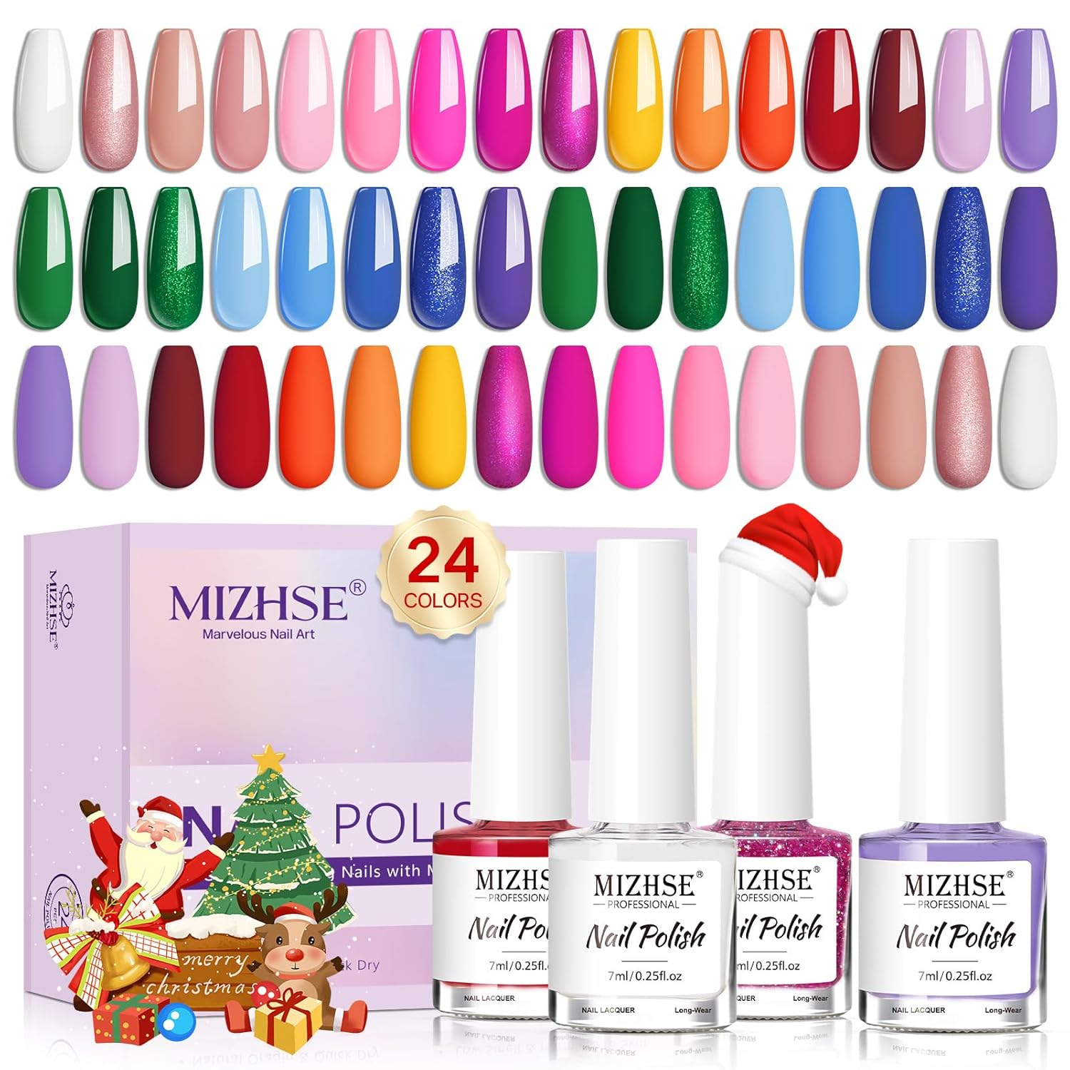 MIZHSE Quick Dry Nail Polish Set – 24 Trendy Shades Neon, Glitter & Cream Finish, Air Dry Fast Lacquer, Non-Gel Long Lasting Manicure Kit DIY Gift for Women