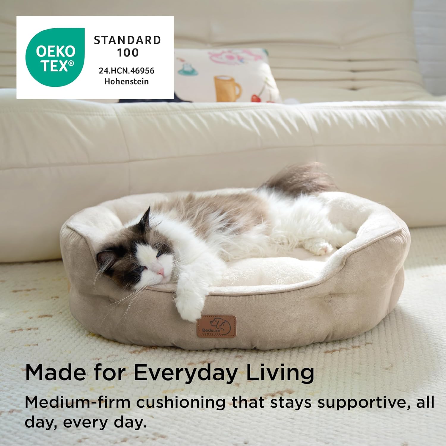 Bedsure Round Calming Dog Bed for Small Dogs & Cats - Plush Sherpa Cat Bed with Non-Slip Bottom, Machine Washable, 20", Camel