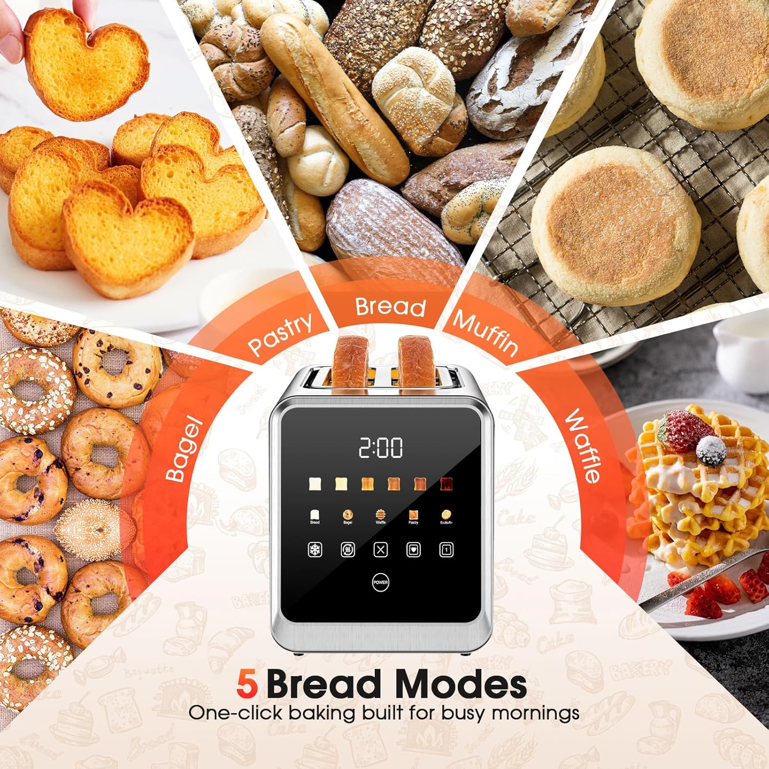 Smart Digital Touchscreen Toaster – 2-Slice Stainless Steel with 1.5” Wide Slots, 900W, and Memory Recall