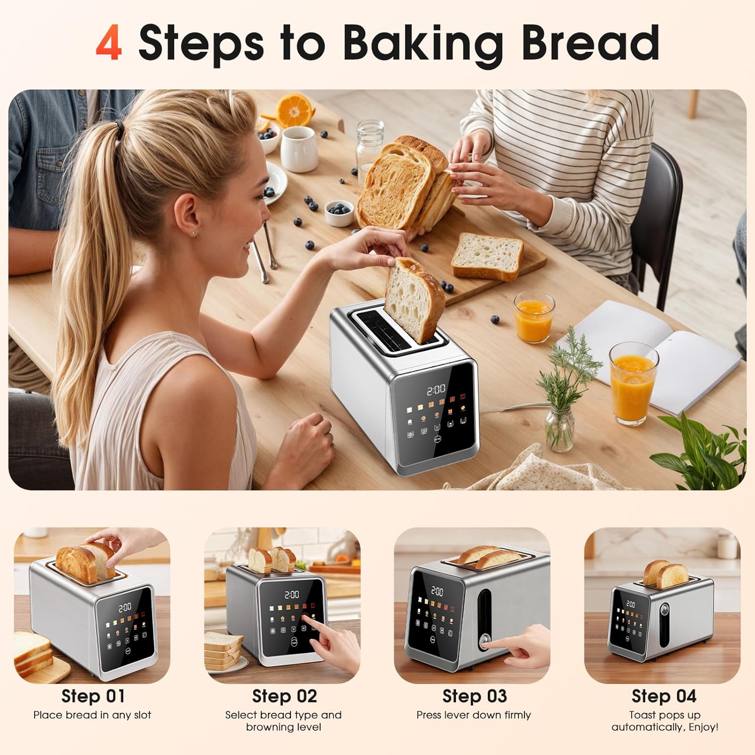 Smart Digital Touchscreen Toaster – 2-Slice Stainless Steel with 1.5” Wide Slots, 900W, and Memory Recall