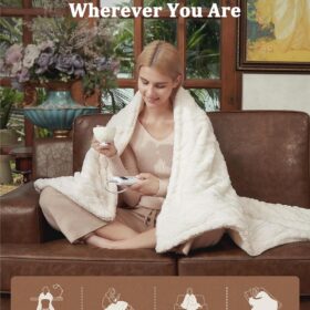 CAROMIO Heated Throw Blanket | 10-Level Fast-Heat Therapeutic Wrap | Stylish Tufted Sherpa & Machine Washable | 10-Hour Auto-Off | Cozy 50"x60" Electric Blanket for Sofa, Bed & Office, Off-White