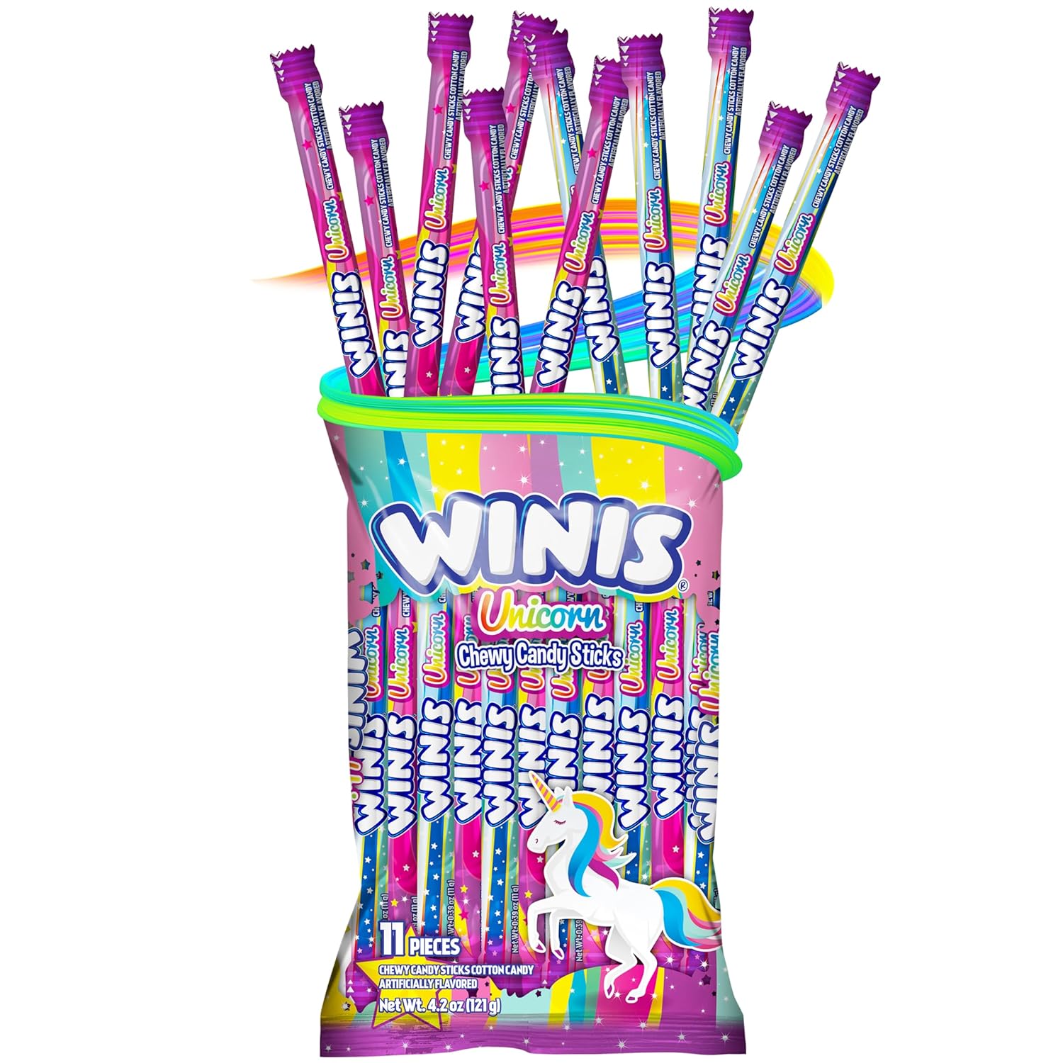 Winis Unicorn Chewy Candy Swirls - Cotton Candy Flavor Taffy - 4.3 Oz Bag (11 Count) - Soft Mexican Treats for Party Favors, Piñatas, and Snacking