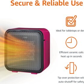 Amazon Basics 500W Ceramic Personal Mini Heater – Compact, Energy-Efficient Indoor Desk Heater with Tip-Over Protection (Pink)
