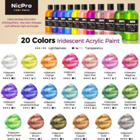 Nicpro Iridescent Acrylic Paint Set – 20 Large 250ml Bottles of Color-Shifting Metallic Paints with Painting Knife, Sponge & Color Wheel