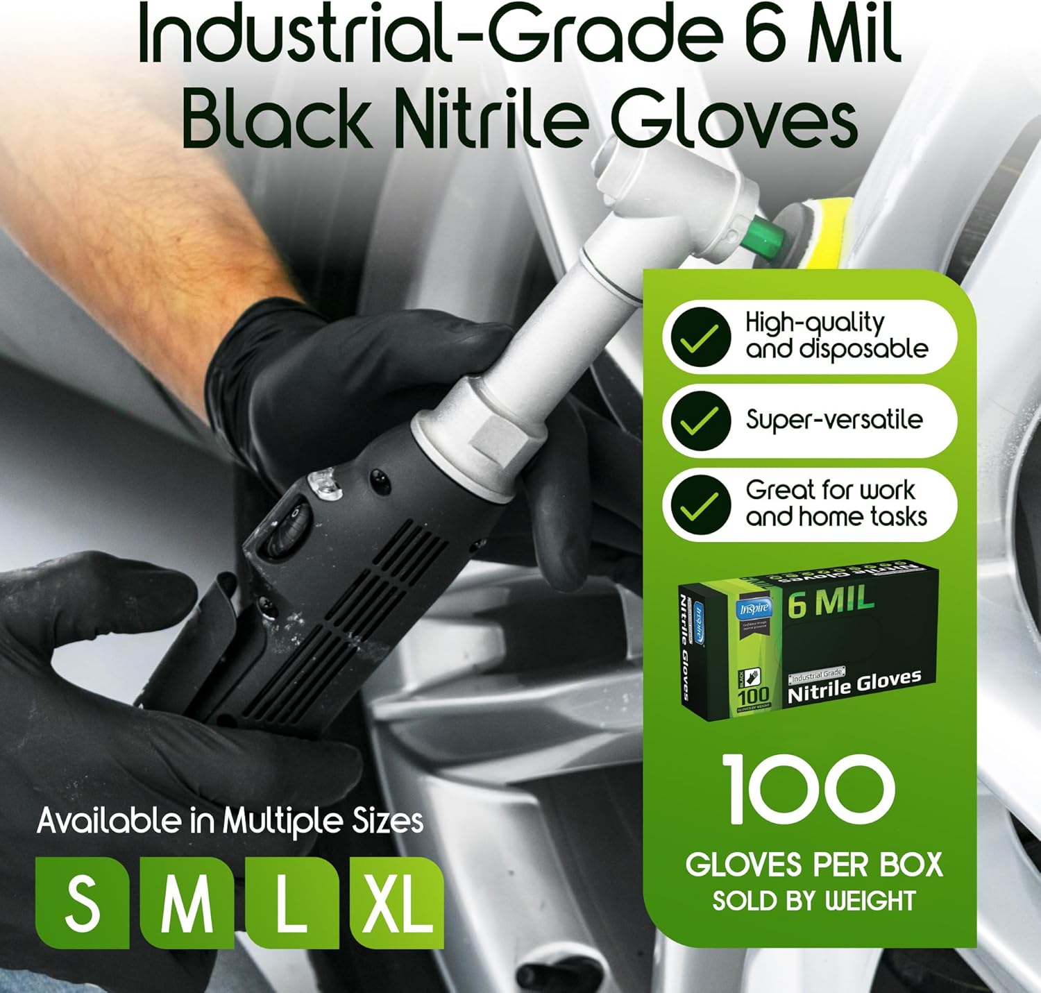 Inspire Heavy Duty 6 Mil Black Nitrile Gloves – Industrial Grade, Chemical Resistant, Powder-Free Disposable Safety Gloves for Automotive, Medical, Cleaning & Food Service