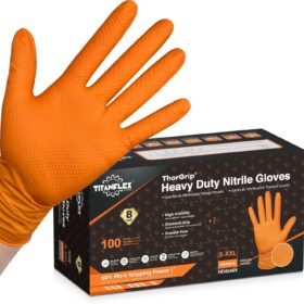 TitanFlex Thor Grip 8-Mil Industrial Orange Nitrile Gloves - Heavy Duty, Powder-Free, Latex-Free, Raised Diamond Texture for Maximum Grip (Large)